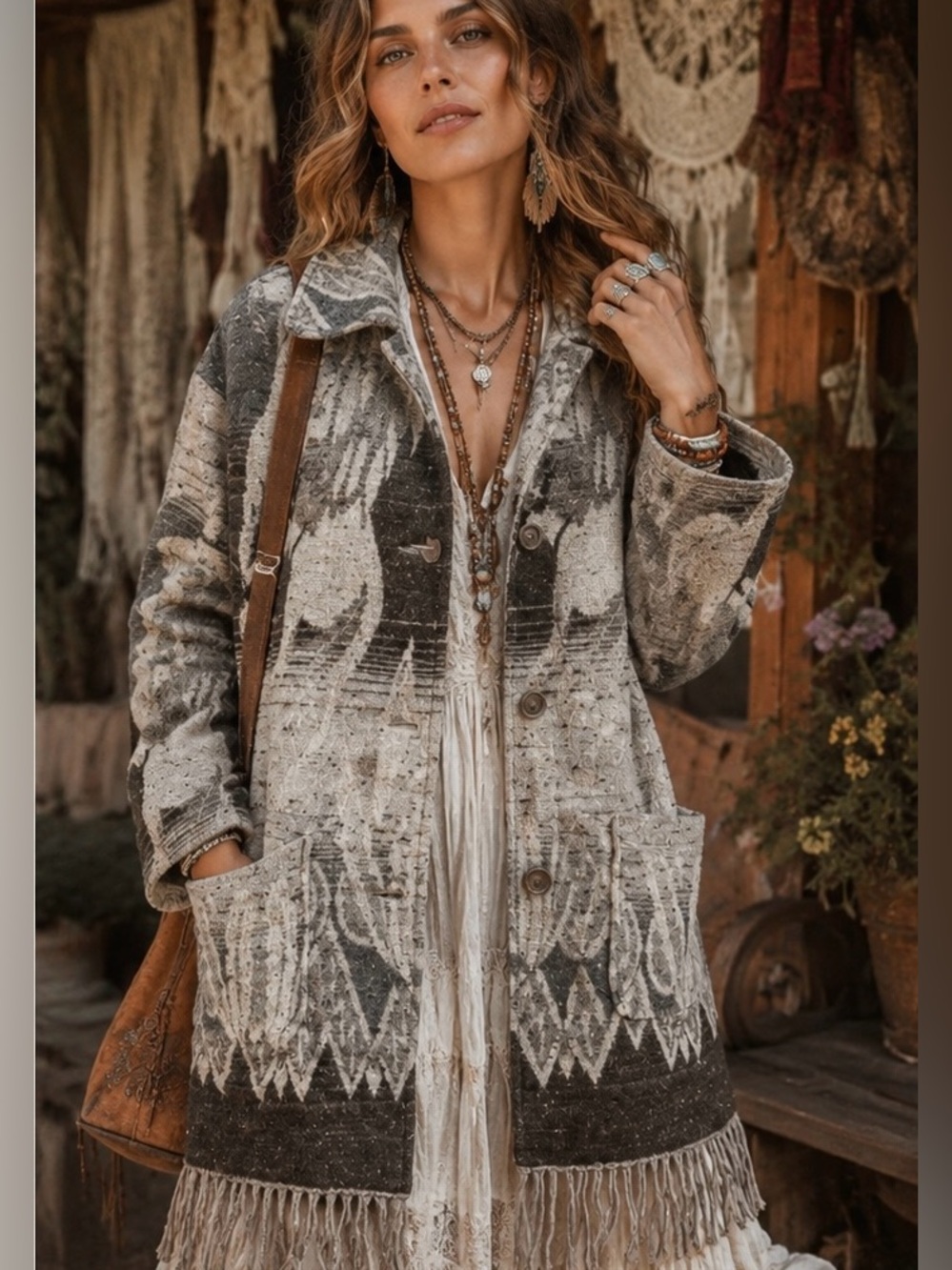 Southwestern/ Boho Oversized Wool-Blend Coat